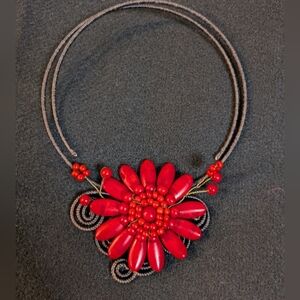 Red Coral Color Flower Choker Hobo Wire Spiral Handmade Necklace